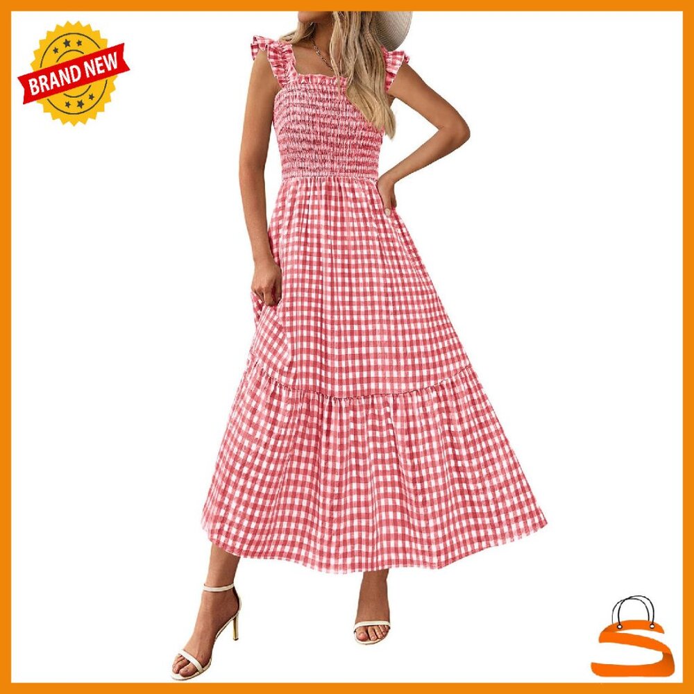 Women's Midi Dress Smocked Waist Ruffle Strap Square Neck Pockets